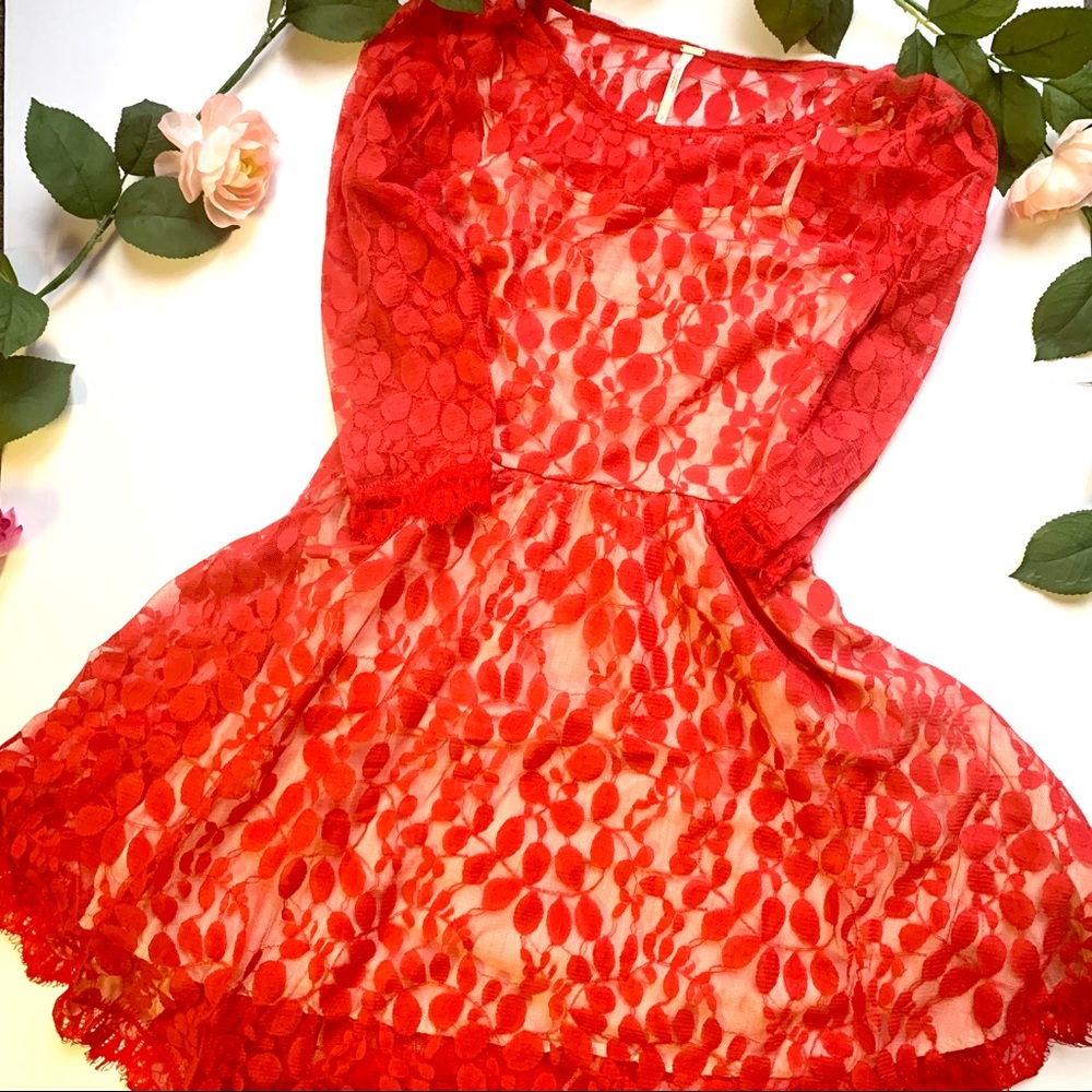 Free People | Red Lace Overlay Dress with Lining